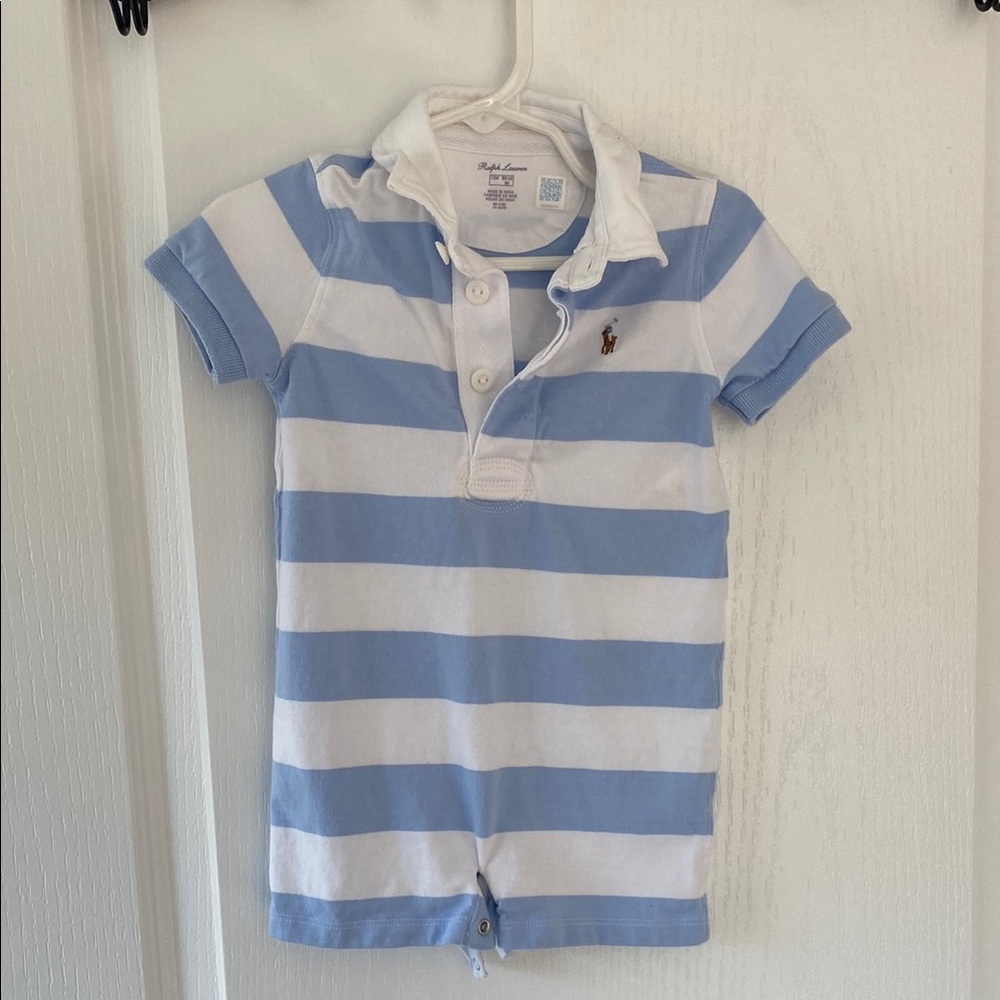 POLO RALPH LAUREN Kids Light Blue and White Striped Polo Onsie